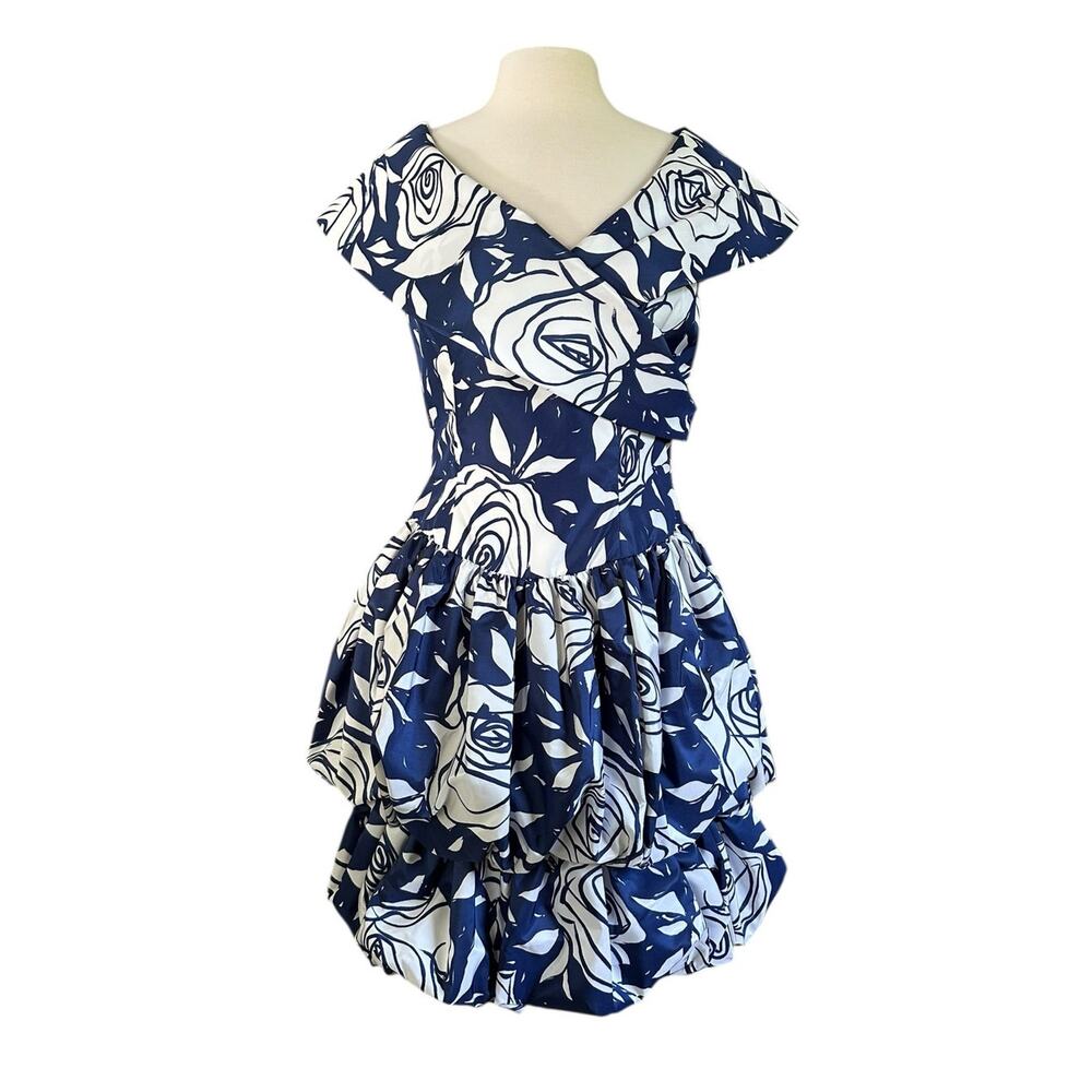 VTG Pat Richards Michael Maiello Floral Puffy Bubble Tiered Off Shoulder Dress